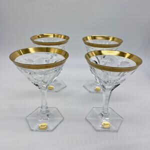 Moser Gold Rimmed Martini Cocktail Glasses Set 4 Signed Bohemian Art Deco Glass